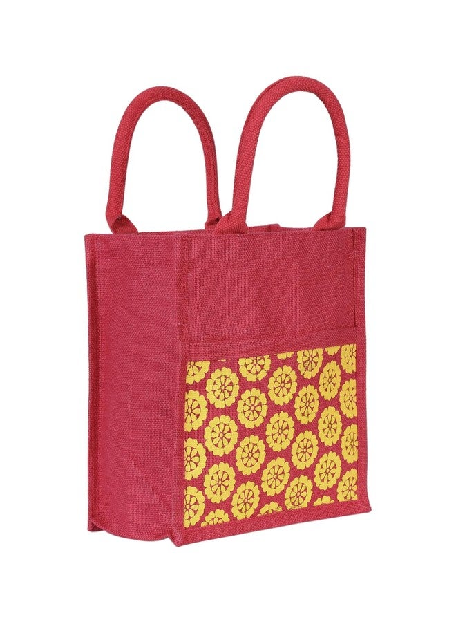 Jute Cottage Jute Bags for Lunch for Women and Men | Jute Grocery Bag | Jute Carry Bag | Jute Tiffin Bags | Jute Bags with Zip| Printed Jute Bag | Floral Print - Red - Image 1